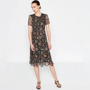 ZARA Floral Lace Midi Dress Scalloped Hem Round Neck Green Pink Black Si…